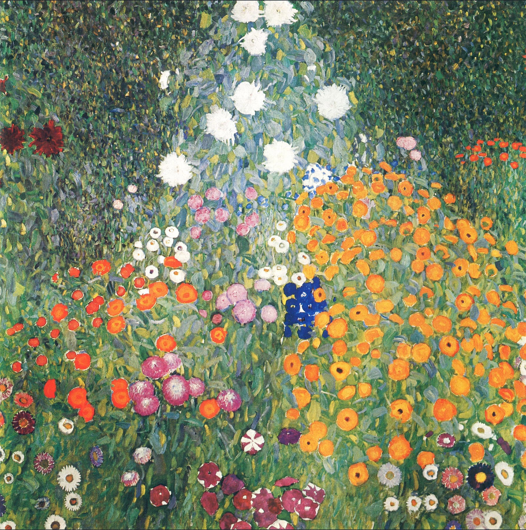 Painting of brightly colored flowers bloom abundantly in a dense garden, displaying hues of orange, red, purple, white, and green foliage. The scene conveys a vibrant, lush natural environment.