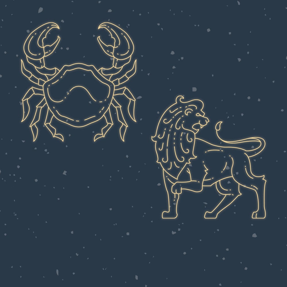 A neon outline of a crab and a lion are displayed against a dark blue, starry background, representing constellations in the night sky.